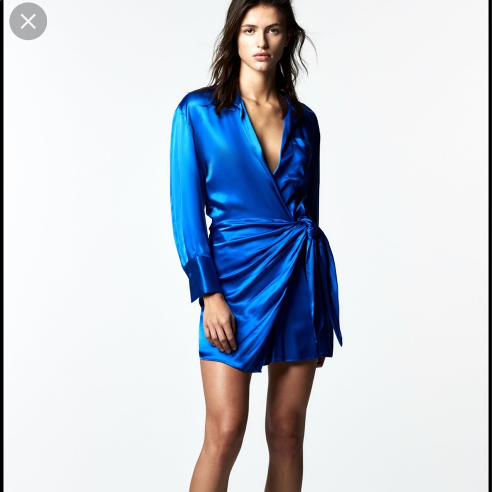 Zara Satin Effect Wrap Blue Dress